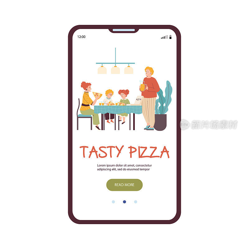 界面为移动应用程序屏幕与家人吃披萨，平面矢量插图。