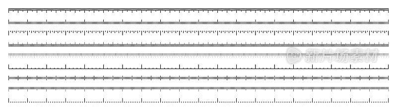 不同的测量尺度与划分。现实的长尺度测量长度或高度厘米，毫米或英寸。标尺、卷尺、尺寸指示器。矢量图