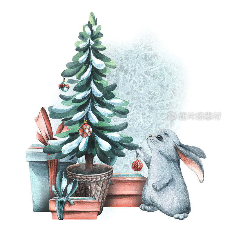 2023年的兔子象征用礼物装饰圣诞树。水彩插图。组成了一大片惬意的冬天。用于圣诞贺卡的装饰和设计
