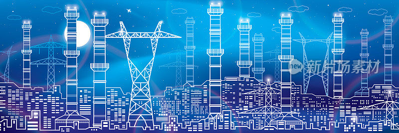 发电厂、能源工业概览插画全景、城市夜景。氖辉光。管道和电线。工厂基础设施。矢量设计艺术