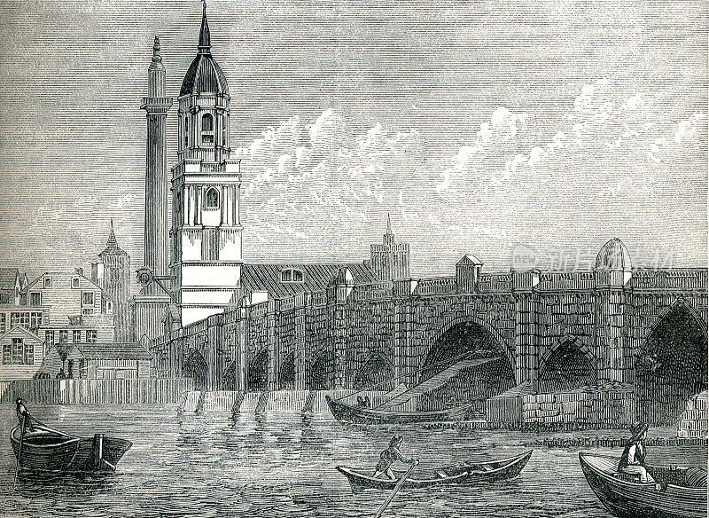 18世纪的老伦敦桥，背景是伦敦大火的纪念碑
