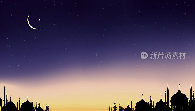 伊斯兰卡与剪影圆顶清真寺，新月在紫色的天空背景，斋月夜与伊斯兰教的黄昏黄昏的天空，宰牲节，开斋节穆巴拉克，开斋节，斋月卡里姆