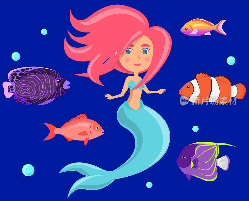 美人鱼和一群五颜六色的鱼，在蓝色的水里游泳。卡通航海人物小鱼套
