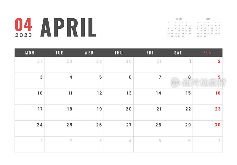 2023年4月月历模板。矢量简单的灰色网格布局的墙壁或办公桌日历与周开始在周一打印