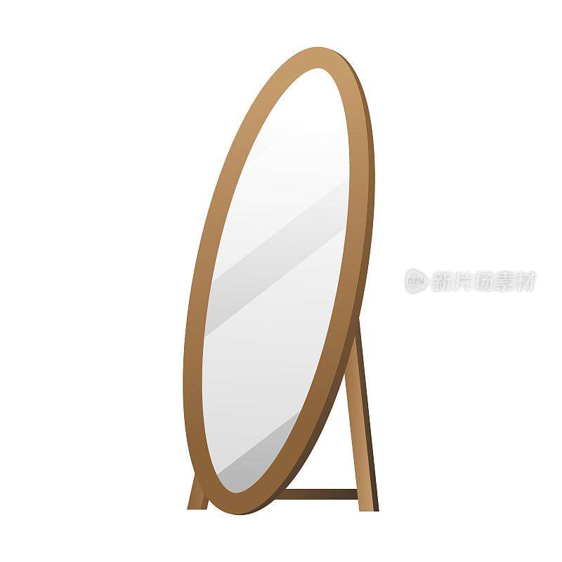 椭圆形地板镜子卡通插画。木制和金属框架镜子的卧室，客厅或走廊隔离白色