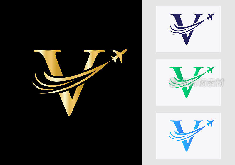 字母V旅行标志概念与飞行的飞机符号