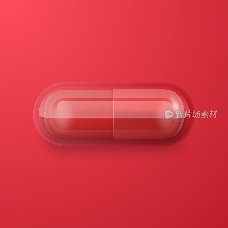 矢量3d现实红色医药药丸，胶囊，片剂在红色背景。顶部，前视图。平的。副本的空间。医学，女性健康观念