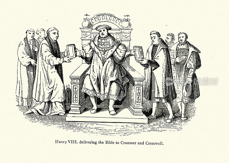 亨利八世将圣经交给克兰麦和克伦威尔，都铎王朝的历史