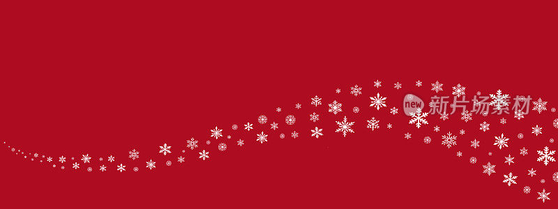 圣诞快乐的横幅矢量插画，冬季下雪的节日背景，白色的雪花在红色的背景上飘动，寒冷的天气季节，美丽的自然幻想雪花纹理装饰。