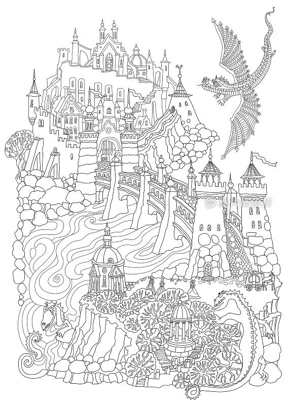 山上的童话城堡，梦幻的空中飞艇，河流，石拱桥和有趣的飞龙和游泳。Сhildren和成人的彩色书籍页面