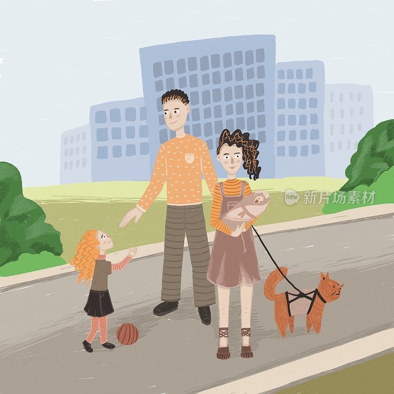 在城市的背景下，幸福的一家人牵着狗在公园里散步