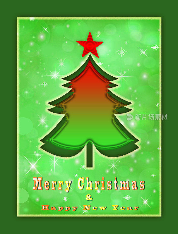 绿色调的圣诞和新年背景与圣诞树，星星形状，气泡和雪花。