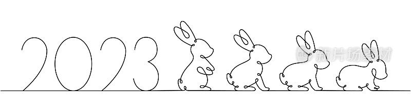 2023兔子一条线画。兔年。野兔连续一行插图。2023新年快乐。矢量插图。