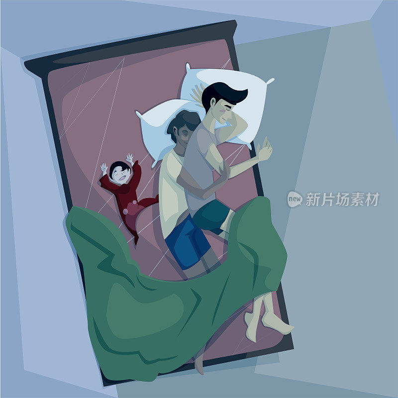 一个家庭的插图，爸爸，妈妈和儿子在床上