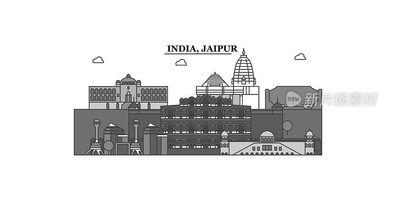 印度，斋浦尔市天际线孤立矢量插图，图标