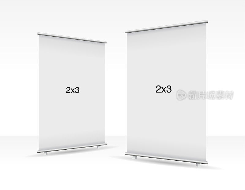 一套2个空的stand或rollup的横幅显示模型孤立的白色背景。演示或展览产品的展示模型。垂直空白卷起来站模板在2x3尺寸。