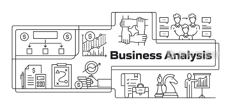 商业分析现代线横幅图标。项目管理，目标，文件，头脑风暴，流程图