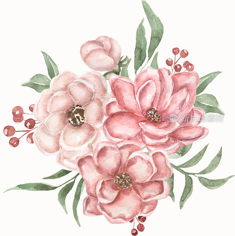 水彩牡丹和草木花束剪贴画，精致的花卉插图在复古风格，粉红色和白玫瑰花剪贴艺术，婚礼花