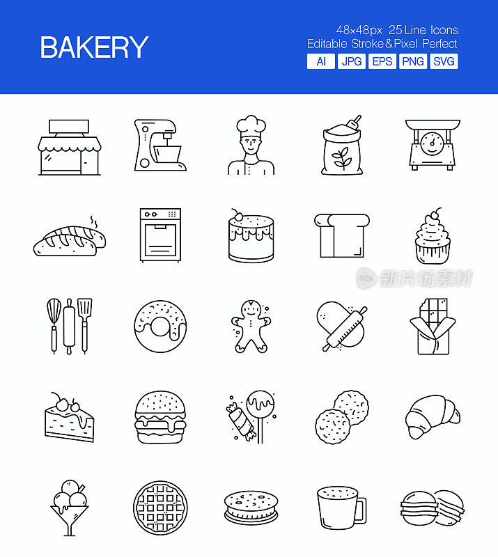 面包房细线矢量图标集。设计是可编辑的，颜色可以改变。矢量集的创意图标:烤箱，面粉，珠，厨师，搅拌机，蛋糕