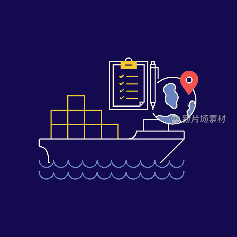 集装箱运输相关设计与线图标。航运,集装箱,仓库,物流。