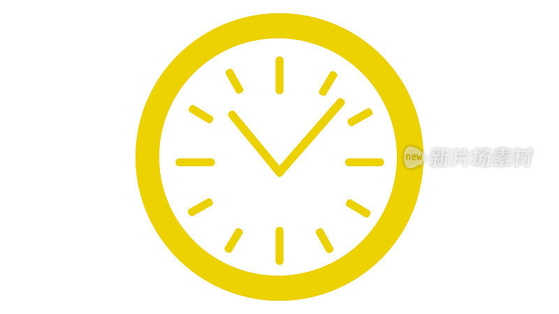 时钟图标。简单的扁平时钟风格。挂钟圆形表盘，黄色模拟时钟与箭头和缺口