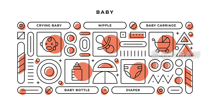 婴儿信息图表概念与几何形状和哭泣的婴儿，乳头，婴儿马车，尿布线图标