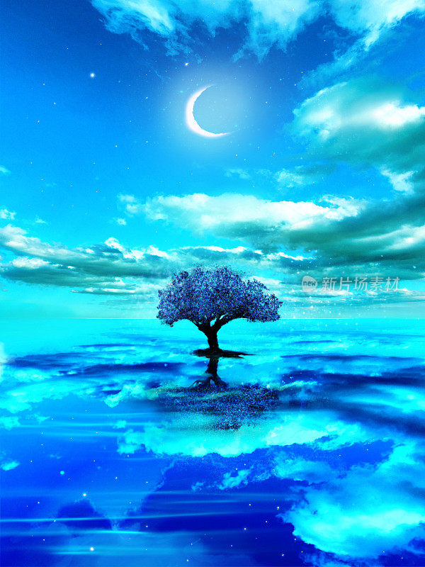 神秘的奇幻背景插图，一棵树的剪影漂浮在水面上，蓝天映照在海面上。
