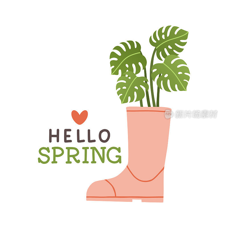 你好,春天。可爱的花木雨靴。手绘春印，卡片，海报。手写文字，刻字