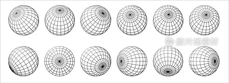 线框地球网格球体。球形网格球体形状。插图全球条纹，全球地理表面。