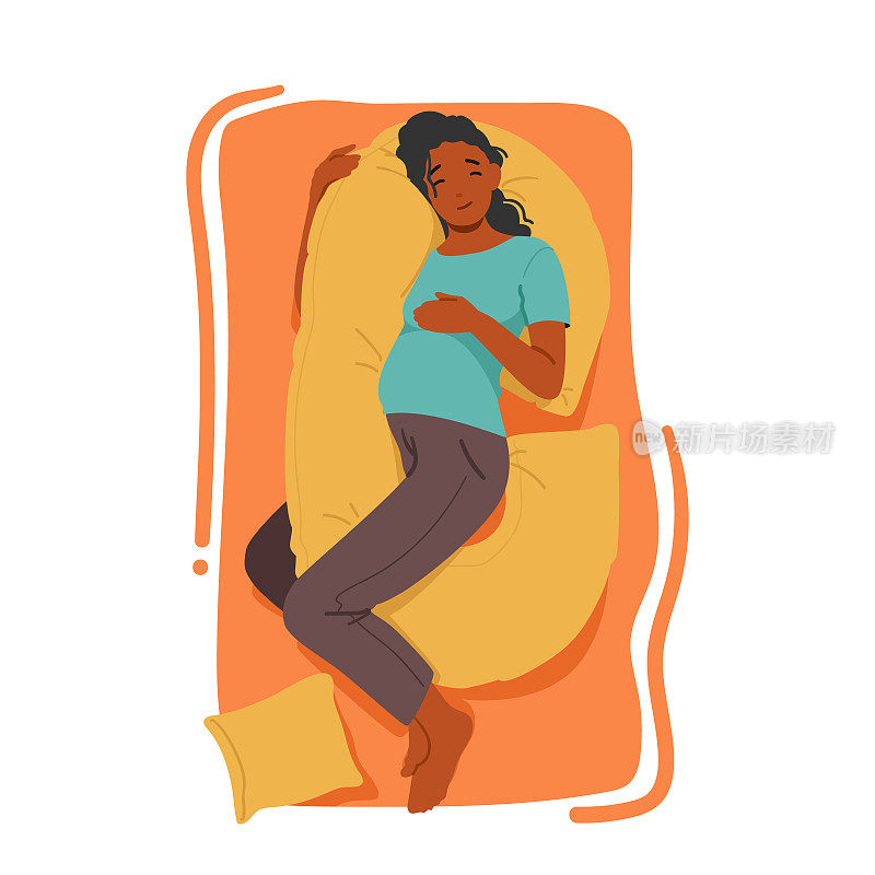 舒适和和平的睡眠怀孕女性角色休息与专门的靠垫，以支持她的Bump