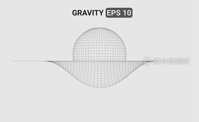 三维插图的线框网格表示重力场扭曲时空结构