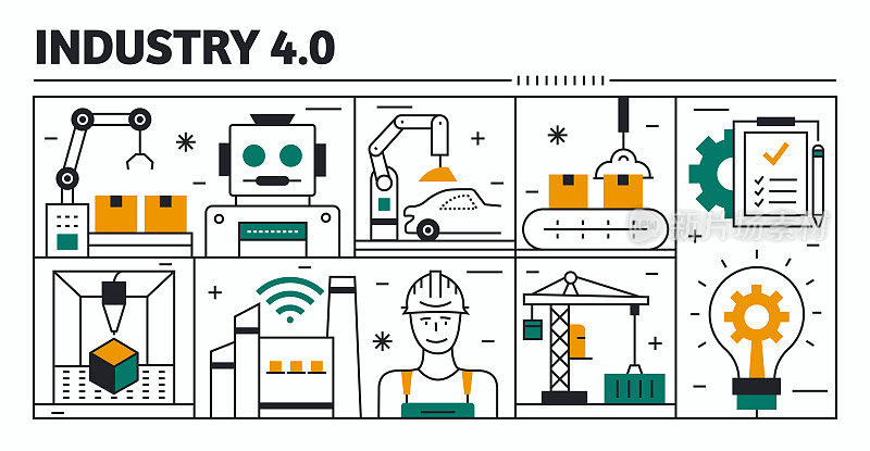 工业4.0矢量设计。设计是可编辑的，颜色可以改变。创意图标的向量集:自动化、大数据、人工智能、机器学习、连接、电力、汽油