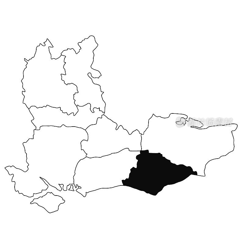 英格兰东南部的东苏塞克斯地图，白色背景。在英格兰东南部的行政地图上，单个县的地图以黑色突出显示。