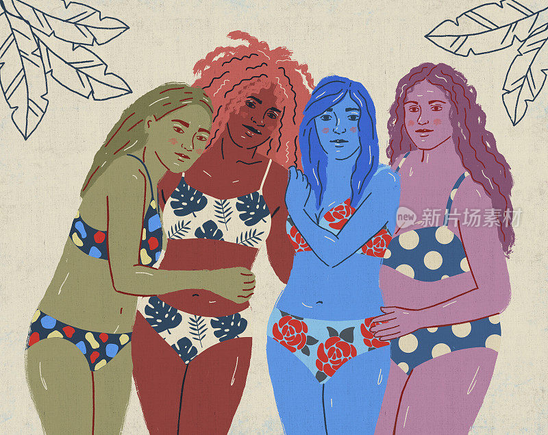 四个穿着泳装摆姿势的曲线优美的女孩。关于身体积极性和多样性的概念