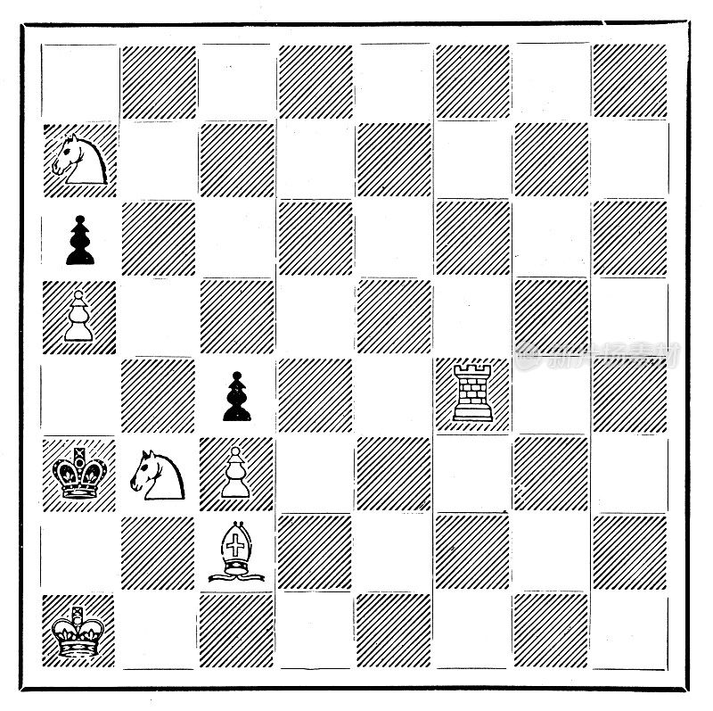 来自英国杂志的古董图片:国际象棋测验，白棋棋和三步棋