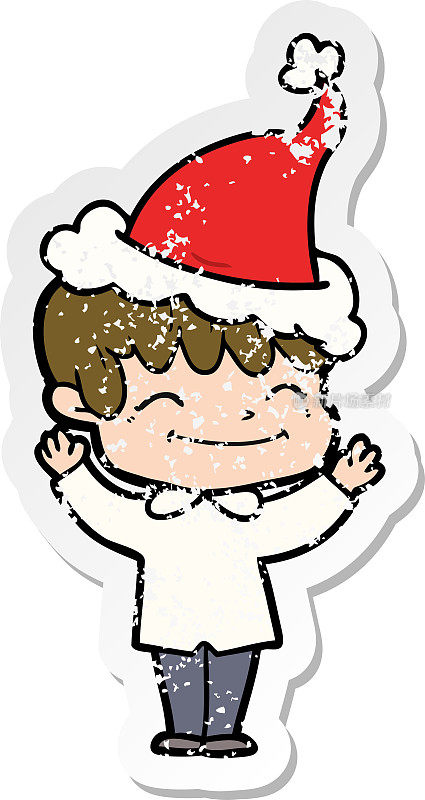 手绘苦恼贴纸卡通一个快乐的男孩戴着圣诞老人的帽子
