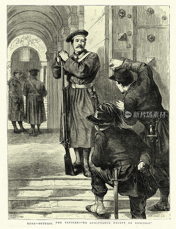 守卫梵蒂冈门外的士兵,罗马,除公务外禁止入内,19世纪70年代,19世纪历史