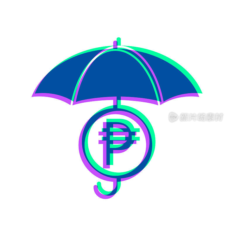 伞下的比索硬币。图标与两种颜色叠加在白色背景上