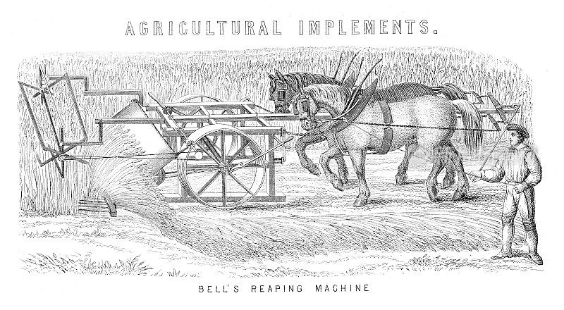 贝尔收割机-农具，木刻1884年