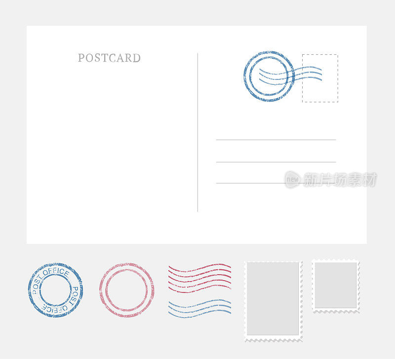 信封明信片模板与不同类型的邮票套。向量