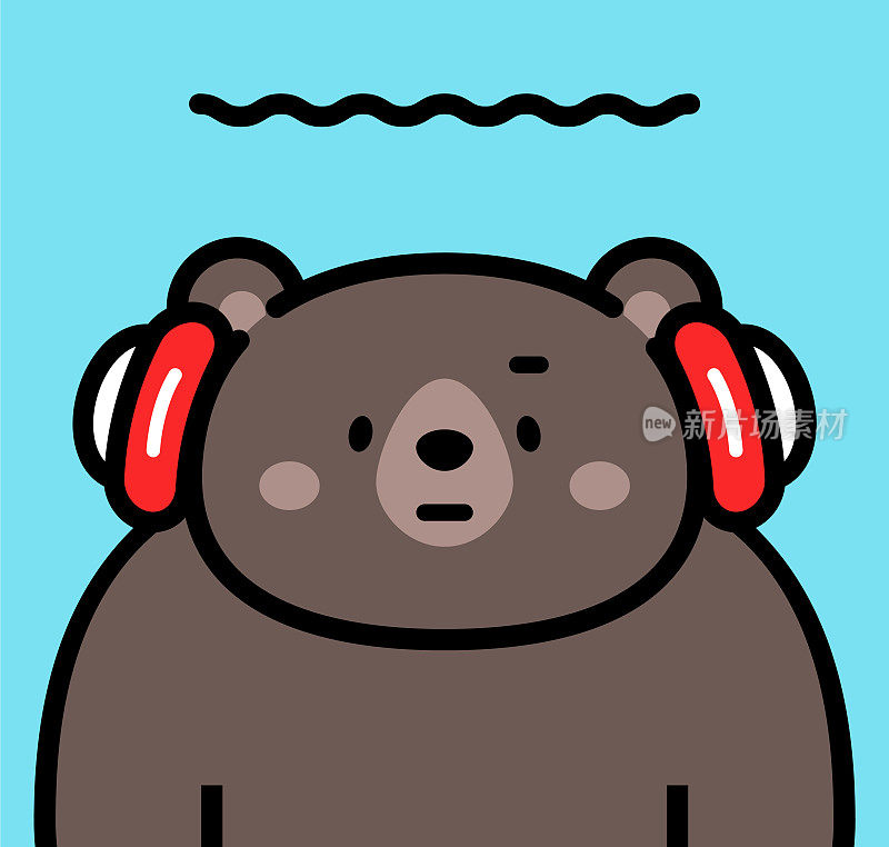 可爱的角色设计一只黑熊戴着耳机看着观众