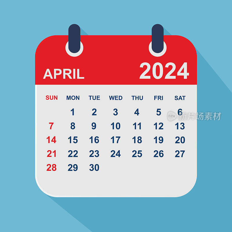 2024年4月。日历规划设计模板。一周从周日开始。业务矢量图