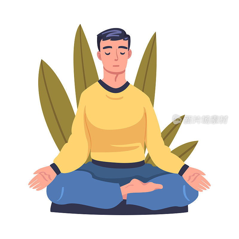 年轻人闭着眼睛做冥想坐在莲花姿势瑜伽垫上练习正念矢量插图