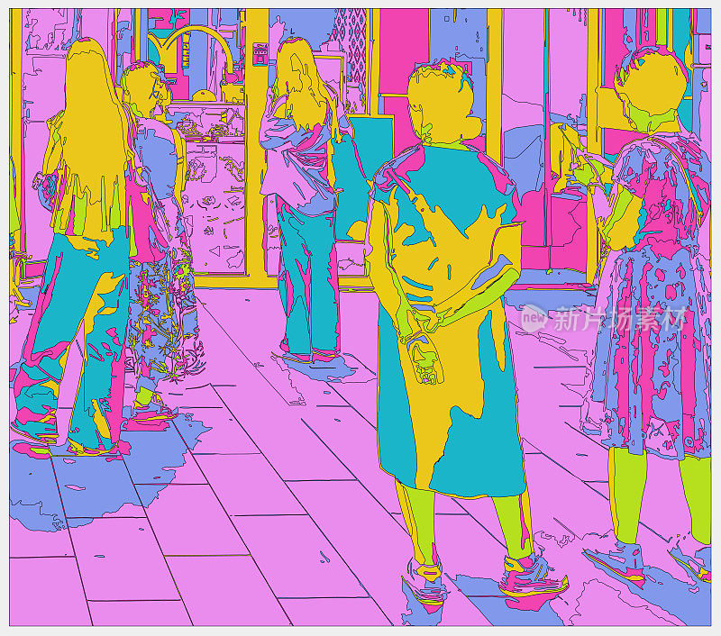 抽象的霓虹灯虚拟动作人物在城市场景背景中行走