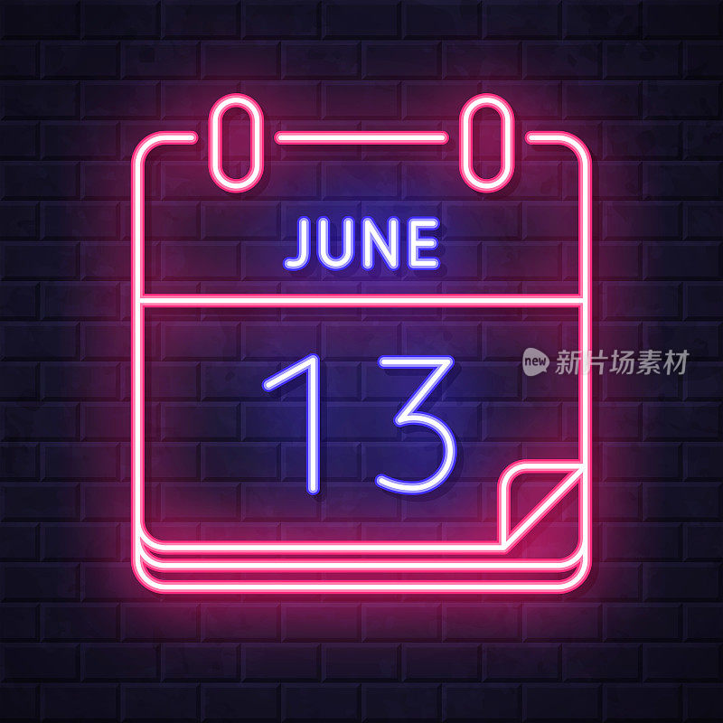6月13日。在砖墙背景上发光的霓虹灯图标