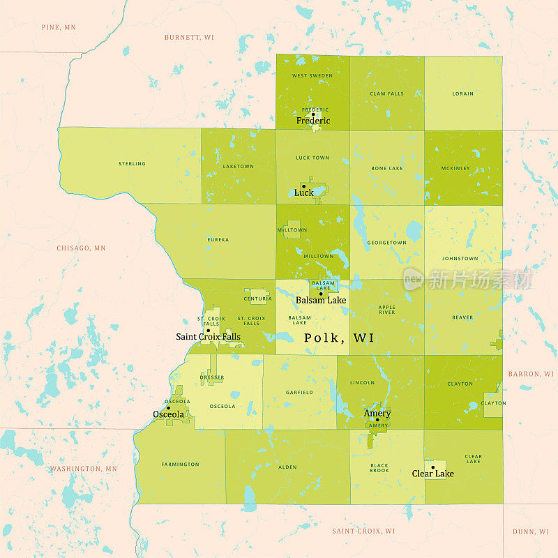 WI波尔克县矢量地图绿色