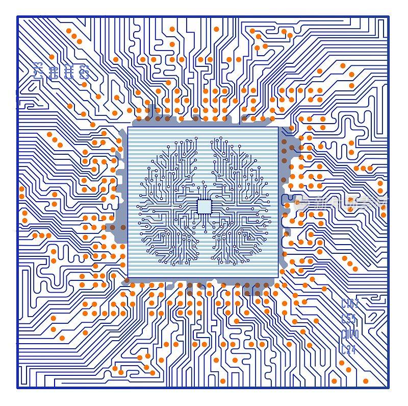 人脑与人工智能电路板在一个方形的插图