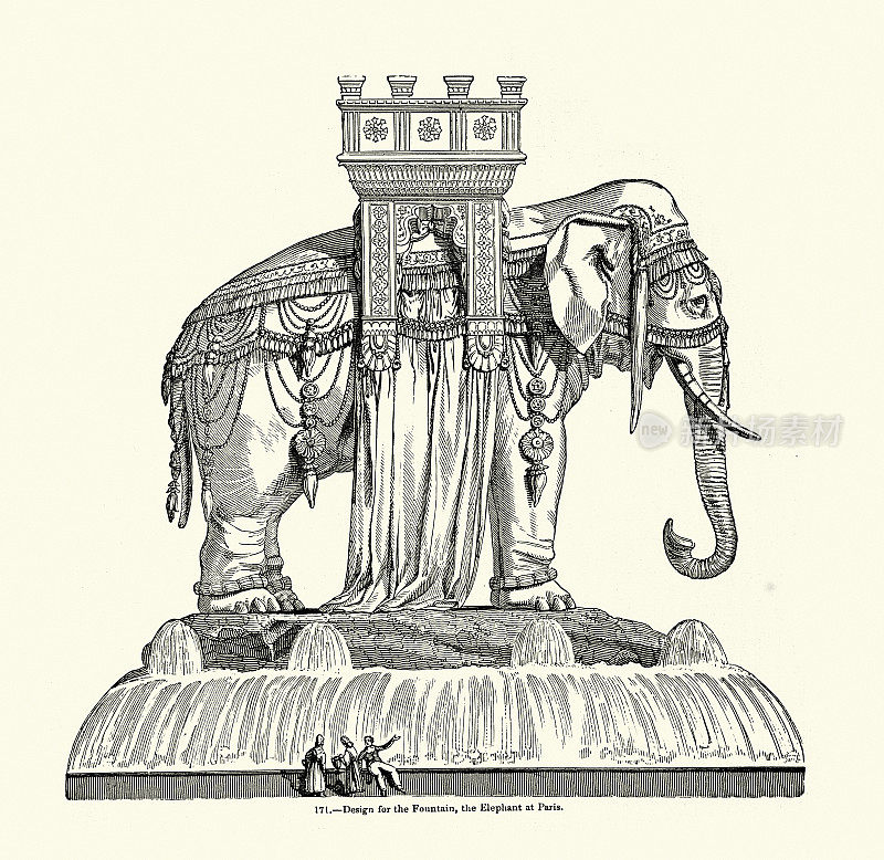 喷泉的设计，大象在巴黎，法国，19世纪50年代