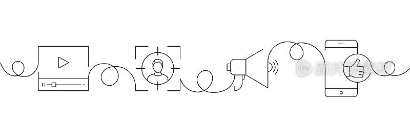 连续的一条线绘制视频营销图标的概念。单线矢量插图。