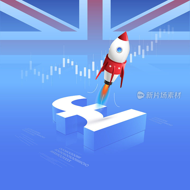 3D英镑符号和股票市场蜡烛与火箭